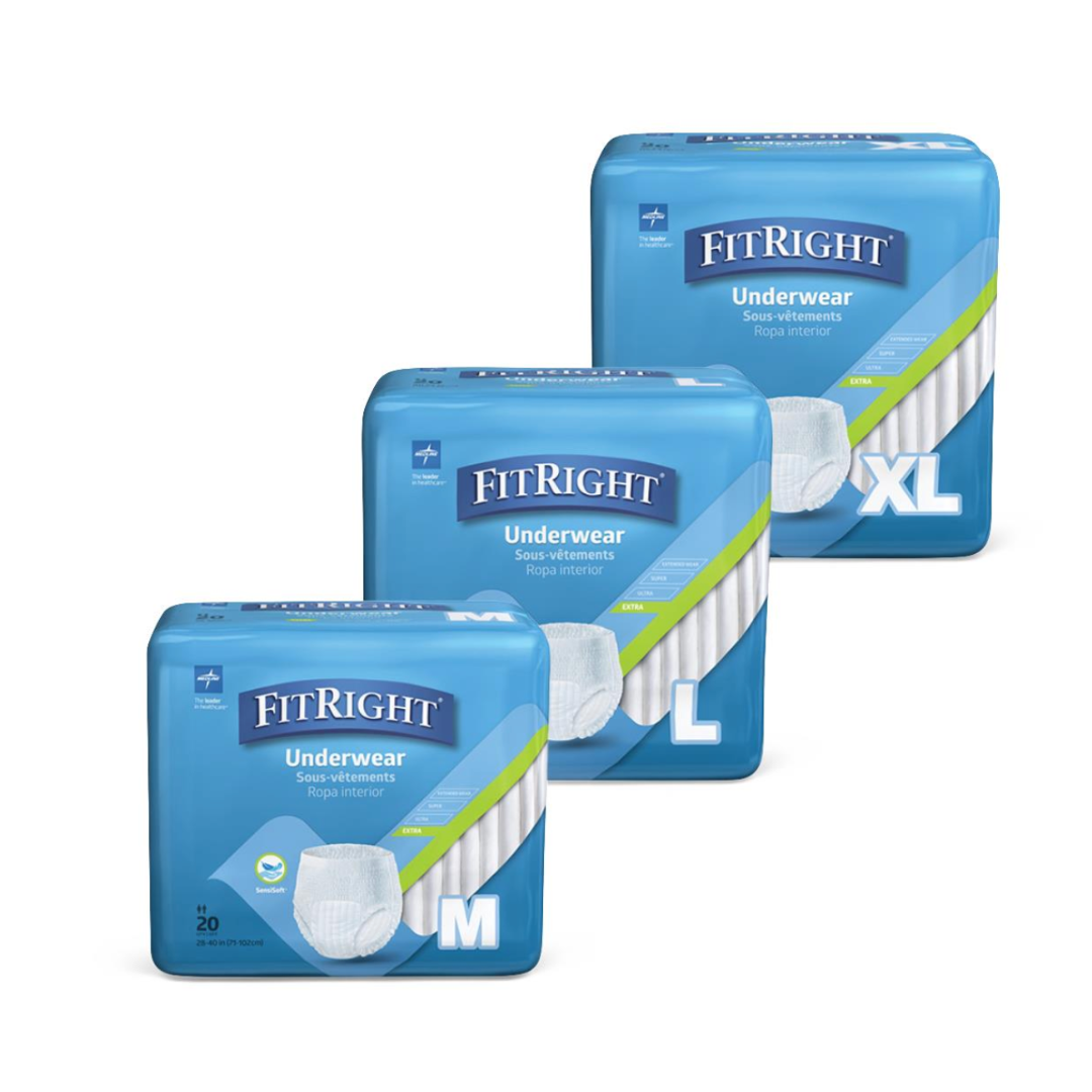 Three packs of FitRight Unisex Extra Adult Pull-Up Underwear, in sizes Medium, Large, and Extra Large, are displayed. Each blue pack has the brand logo, product details, a white diaper image, and a green stripe highlighting odor control and maximum absorbency.